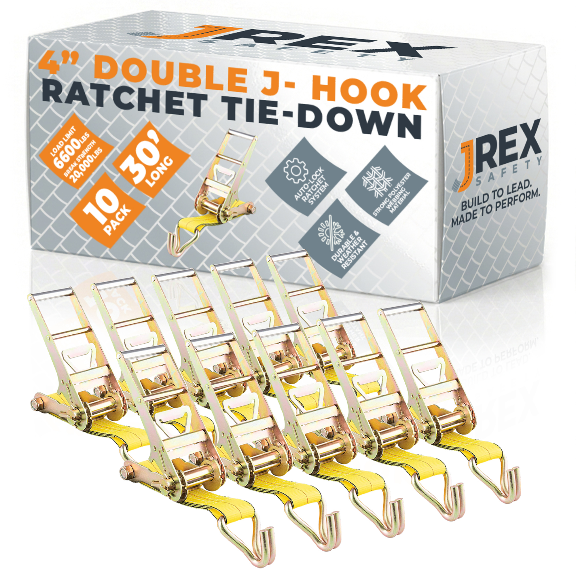 10 Pack HD Ratchet Straps with Double J Hooks - Yellow 4" x 30' Tie Downs